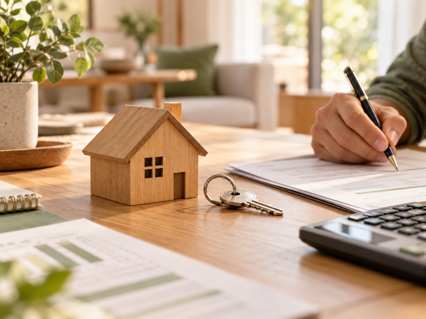 Maquete de casa e chaves ao lado de uma calculadora e documentos de financiamento imobiliário